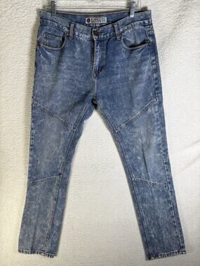 Kaalu Moto Jeans Mens 34x31 Blue Denim Motorcycle Riding Whiskered Marbled